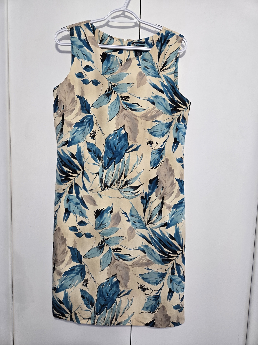 IZOD Washable Silk Dress 12 Blue Floral Botanical Sleeveless Shift Knee Length